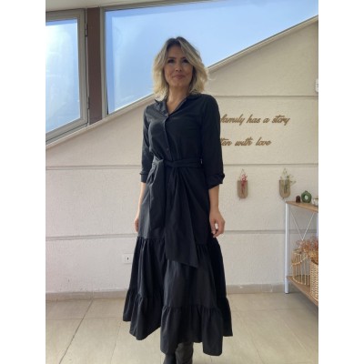 Kadın Uzun Kollu Eteği Fırfırlı Beli Kuşaklı Trikoton Tam Boy Gömlek Elbise Kadın Uzun Kollu Eteği Fırfırlı Beli Kuşaklı Trikoton Tam Boy Gömlek Elbise