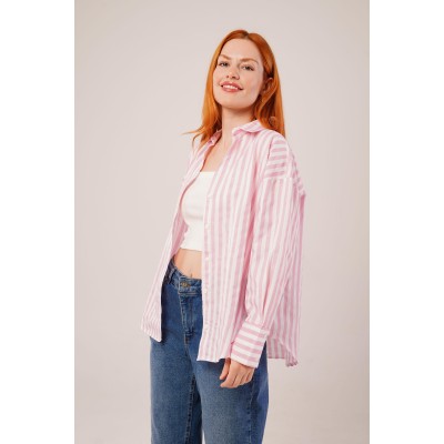 Çizgili Rahat Kesim Pembe Gömlek Çizgili Rahat Kesim Pembe Gömlek