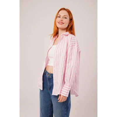 Çizgili Rahat Kesim Pembe Gömlek Çizgili Rahat Kesim Pembe Gömlek