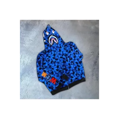 Erkek 2 İplik Bape Kapüşonu Fermuarlı Hırka - Mavi