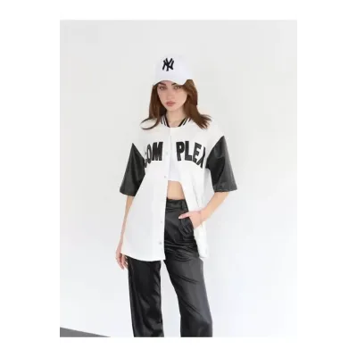 Complex Kolları Deri Kolej Oversize T-shirt - Beyaz Complex Kolları Deri Kolej Oversize T-shirt - Beyaz