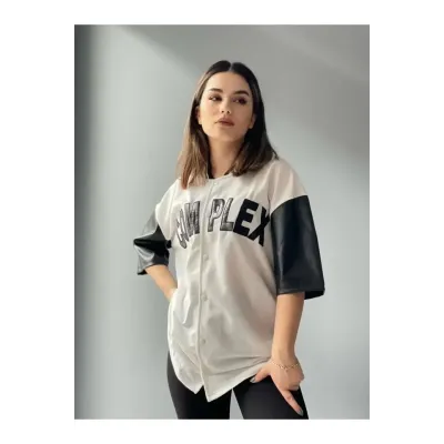 Complex Kolları Deri Kolej Oversize T-shirt - Beyaz Complex Kolları Deri Kolej Oversize T-shirt - Beyaz