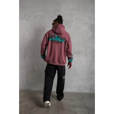 Erkek Üç İplik Içi Pamuklu Alev Baskılı Kapüşonlu Sweatshirt - Gül Kurusu Erkek Üç İplik Içi Pamuklu Alev Baskılı Kapüşonlu Sweatshirt - Gül Kurusu