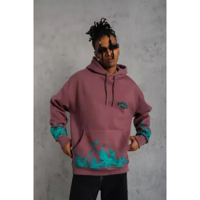 Erkek Üç İplik Içi Pamuklu Alev Baskılı Kapüşonlu Sweatshirt - Gül Kurusu Erkek Üç İplik Içi Pamuklu Alev Baskılı Kapüşonlu Sweatshirt - Gül Kurusu
