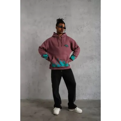 Erkek Üç İplik Içi Pamuklu Alev Baskılı Kapüşonlu Sweatshirt - Gül Kurusu Erkek Üç İplik Içi Pamuklu Alev Baskılı Kapüşonlu Sweatshirt - Gül Kurusu