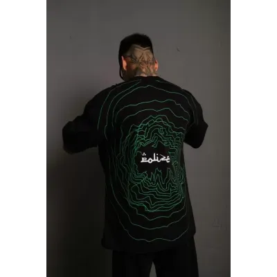 Erkek Bisiklet Yakalı Sırt Baskılı Oversize T-Shirt - Siyah