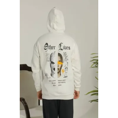 Erkek Sırt Baskılı Oversize Üç İplik Kapüşonlu Sweatshirt - Beyaz