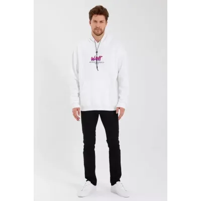 Erkek Baskılı Üç İplik Kapüşonlu Oversize Sweatshirt - Beyaz