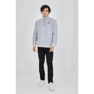 Erkek Yarım Fermuarlı Baskılı Sweat - Gri