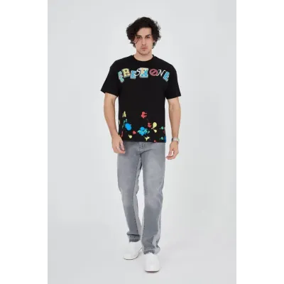 Erkek Baskılı Penye T-Shirt - Siyah