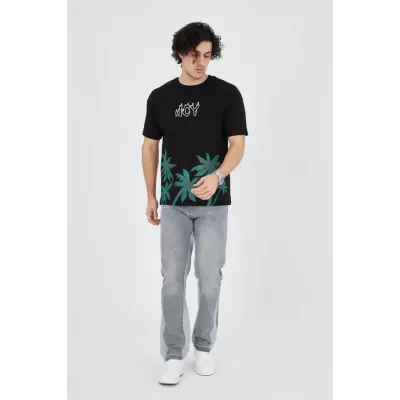 Erkek Baskılı Bisiklet Yaka T-Shirt - Siyah