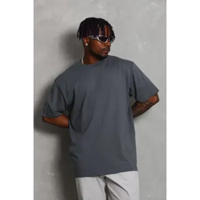 Unisex Oversize Düz Bisiklet Yaka T-Shirt - Füme