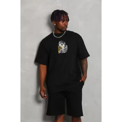 Unisex Oversize Baskılı Bisiklet Yaka T-Shirt - Siyah