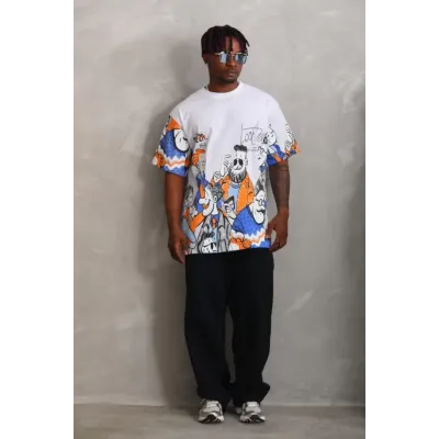 Unisex Oversize Baskılı Bisiklet Yaka T-Shirt - Beyaz