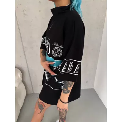 Unisex Baskılı Yarım Fermuarlı T-Shirt - Siyah Unisex Baskılı Yarım Fermuarlı T-Shirt - Siyah