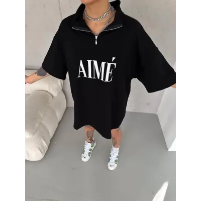 Unisex Yarım Fermuarlı Baskılı T-Shirt - Siyah Unisex Yarım Fermuarlı Baskılı T-Shirt - Siyah