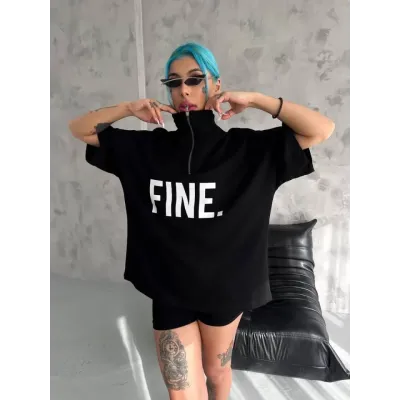 Unisex Baskılı Yarım Fermuarlı T-Shirt - Siyah Unisex Baskılı Yarım Fermuarlı T-Shirt - Siyah