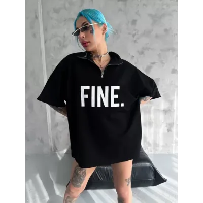 Unisex Baskılı Yarım Fermuarlı T-Shirt - Siyah Unisex Baskılı Yarım Fermuarlı T-Shirt - Siyah