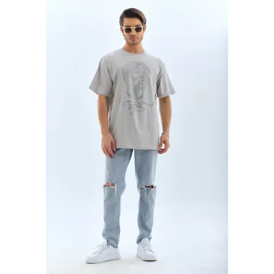 Unisex Oversize Taşlı Bisiklet Yaka T-Shirt - Gri