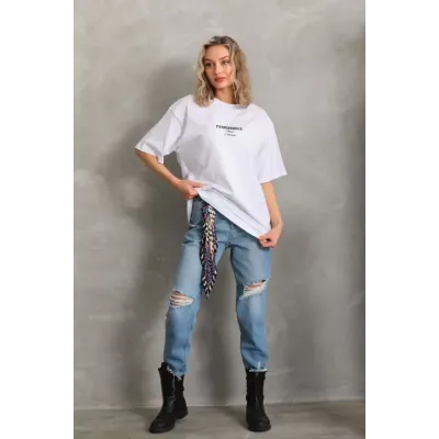 Unisex Baskılı Oversize T-Shirt - Beyaz Unisex Baskılı Oversize T-Shirt - Beyaz