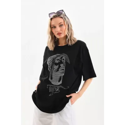 Unisex Taş Desenli Oversize T-Shirt - Siyah Unisex Taş Desenli Oversize T-Shirt - Siyah