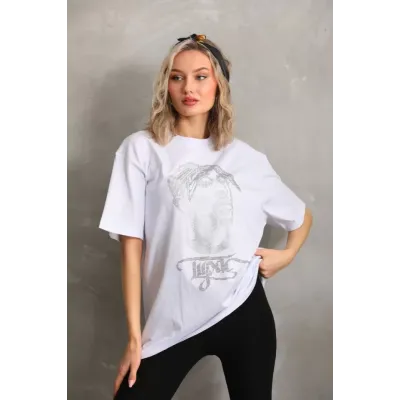 Unisex Taş Desenli Oversize T-Shirt - Beyaz Unisex Taş Desenli Oversize T-Shirt - Beyaz
