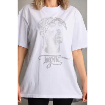 Unisex Taş Desenli Oversize T-Shirt - Beyaz Unisex Taş Desenli Oversize T-Shirt - Beyaz