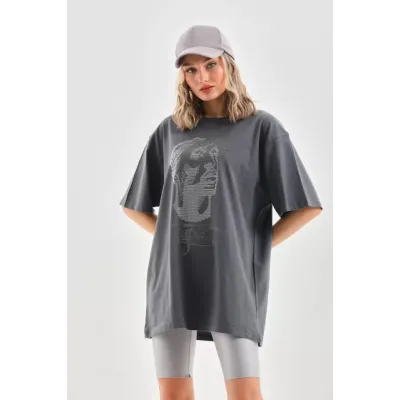 Unisex Taş Desenli Oversize T-Shirt - Füme Unisex Taş Desenli Oversize T-Shirt - Füme