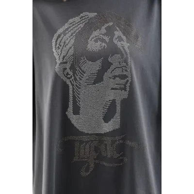 Unisex Taş Desenli Oversize T-Shirt - Füme Unisex Taş Desenli Oversize T-Shirt - Füme