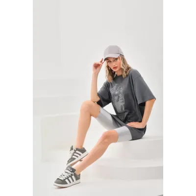 Unisex Taş Desenli Oversize T-Shirt - Füme Unisex Taş Desenli Oversize T-Shirt - Füme
