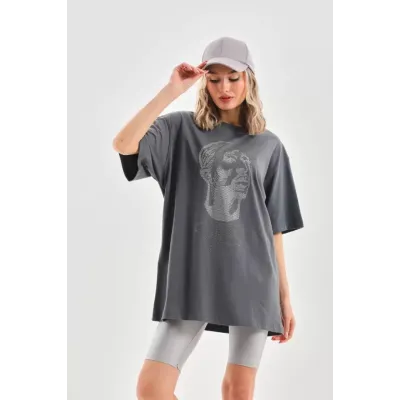 Unisex Taş Desenli Oversize T-Shirt - Füme Unisex Taş Desenli Oversize T-Shirt - Füme