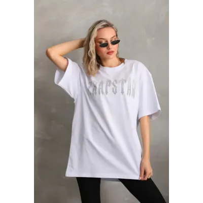 Unisex Taş Desenli Oversize T-Shirt - Beyaz Unisex Taş Desenli Oversize T-Shirt - Beyaz