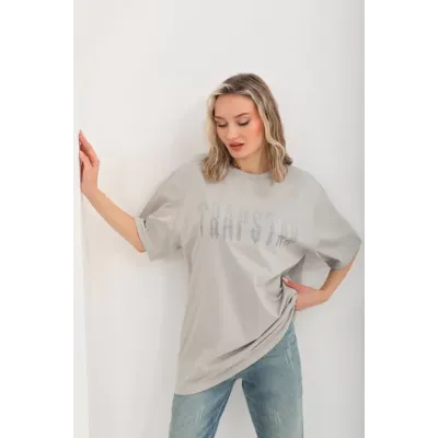 Unisex Taş Desenli Oversize T-Shirt - Gri Unisex Taş Desenli Oversize T-Shirt - Gri