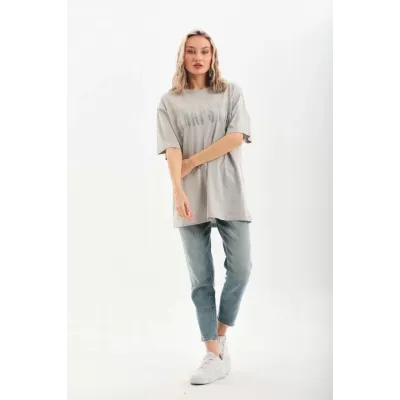Unisex Taş Desenli Oversize T-Shirt - Gri Unisex Taş Desenli Oversize T-Shirt - Gri
