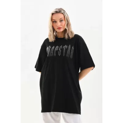 Unisex Taş Desenli Oversize T-Shirt - Siyah Unisex Taş Desenli Oversize T-Shirt - Siyah