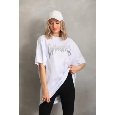 Unisex Taş Desenli Oversize T-Shirt - Beyaz Unisex Taş Desenli Oversize T-Shirt - Beyaz