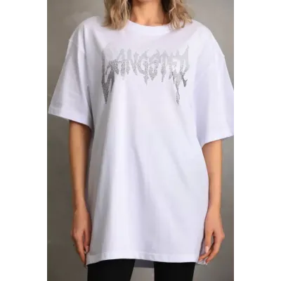 Unisex Taş Desenli Oversize T-Shirt - Beyaz Unisex Taş Desenli Oversize T-Shirt - Beyaz