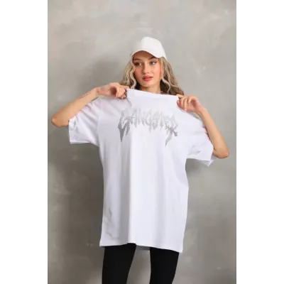 Unisex Taş Desenli Oversize T-Shirt - Beyaz Unisex Taş Desenli Oversize T-Shirt - Beyaz
