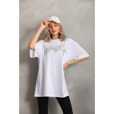 Unisex Taş Desenli Oversize T-Shirt - Beyaz Unisex Taş Desenli Oversize T-Shirt - Beyaz