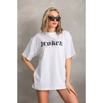 Unisex Baskılı Oversize T-Shirt - Beyaz Unisex Baskılı Oversize T-Shirt - Beyaz