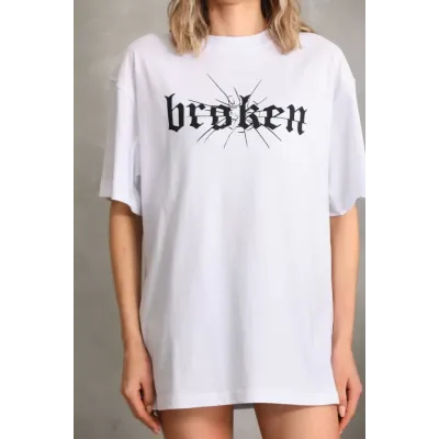Unisex Baskılı Oversize T-Shirt - Beyaz Unisex Baskılı Oversize T-Shirt - Beyaz