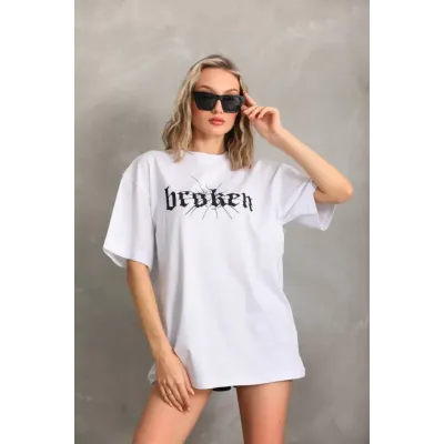 Unisex Baskılı Oversize T-Shirt - Beyaz Unisex Baskılı Oversize T-Shirt - Beyaz