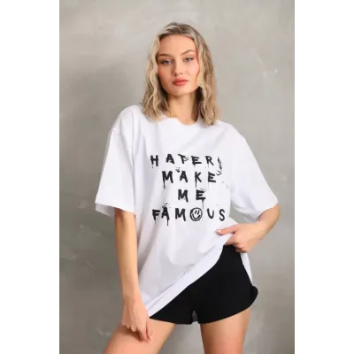 Unisex Baskılı Oversize T-Shirt - Beyaz Unisex Baskılı Oversize T-Shirt - Beyaz