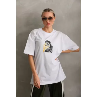 Unisex Baskılı Oversize T-Shirt - Beyaz Unisex Baskılı Oversize T-Shirt - Beyaz