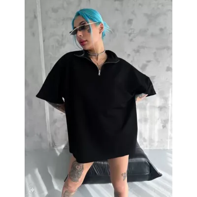 Unisex Yarım Fermuarlı Basic T-Shirt - Siyah Unisex Yarım Fermuarlı Basic T-Shirt - Siyah