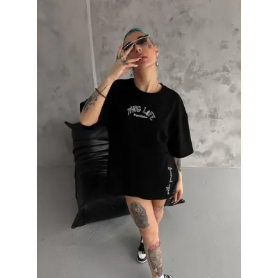 Unisex Baskılı Oversize T-Shirt - Siyah Unisex Baskılı Oversize T-Shirt - Siyah