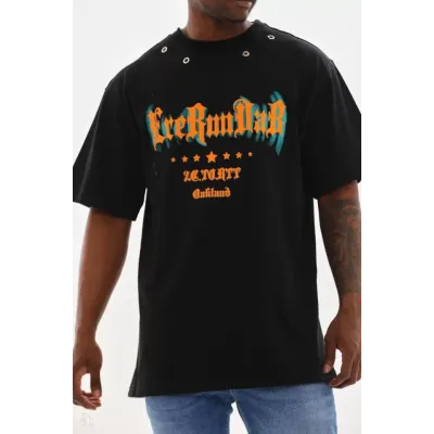 Unisex Kuşgözü Detaylı Baskılı Oversize T-Shirt - Siyah