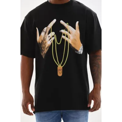 Unisex Baskılı Oversize T-Shirt - Siyah