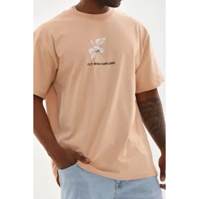 Unisex Baskılı Oversize T-Shirt - Bej