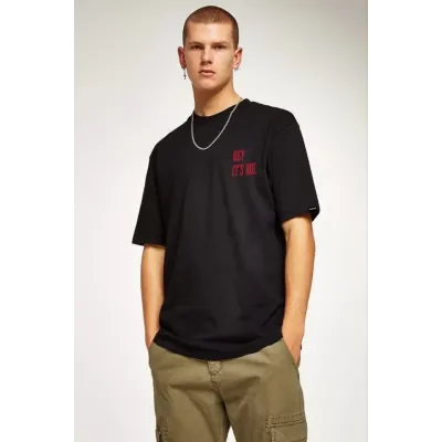 Unisex Bisiklet Yaka Oversize Baskılı T-Shirt - Siyah